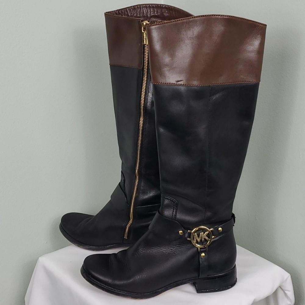 Michael Kors Black Brown Leather Riding Boots Sz 8